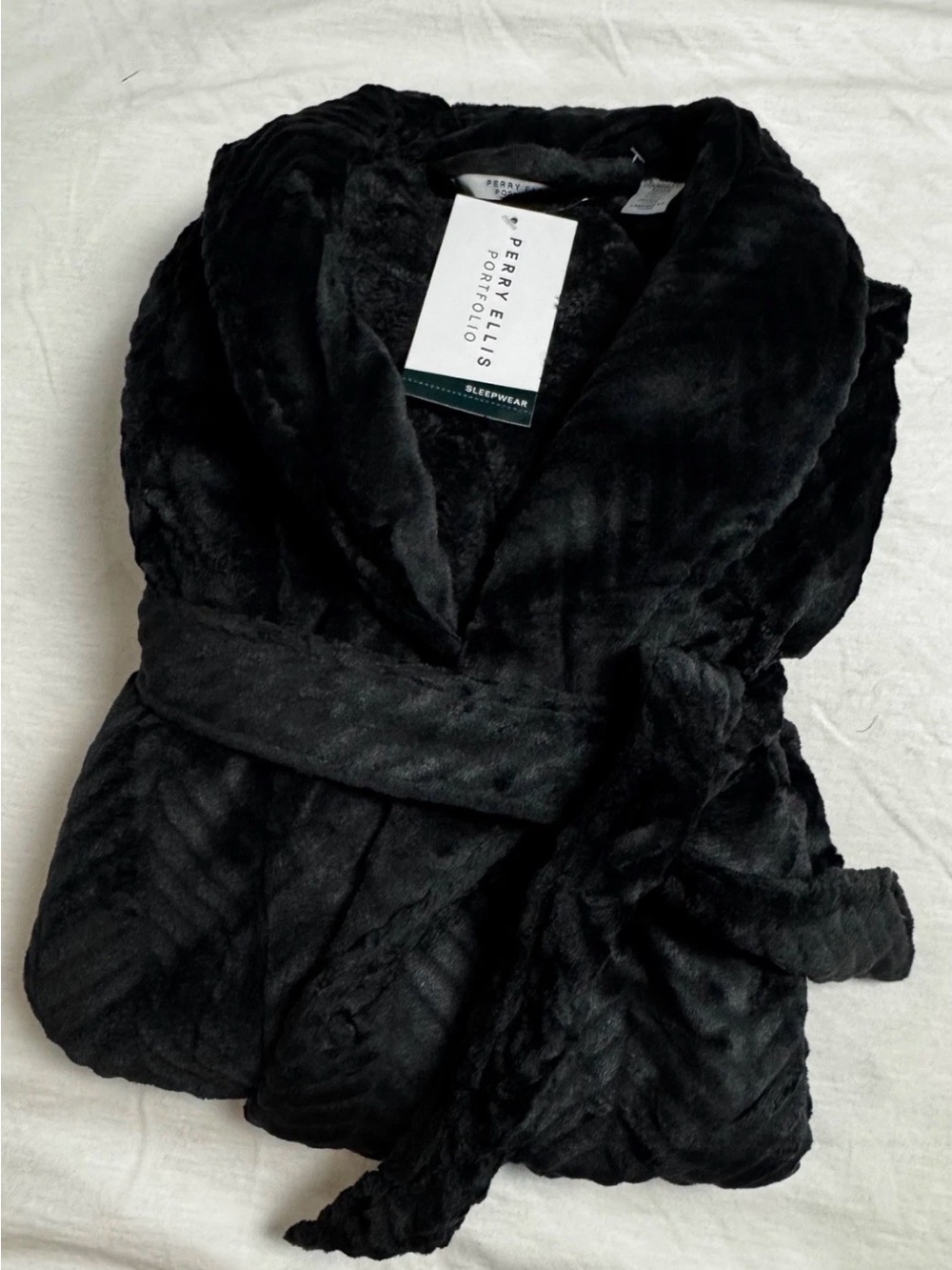 Perry Ellis Men's Herringbone Textured Soft Fleece Robe Black NEW O/S